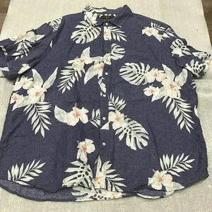 [2XL]Black Brown 1826 100 Linen Palm Leaves Blue Button Down S/S  Shirt